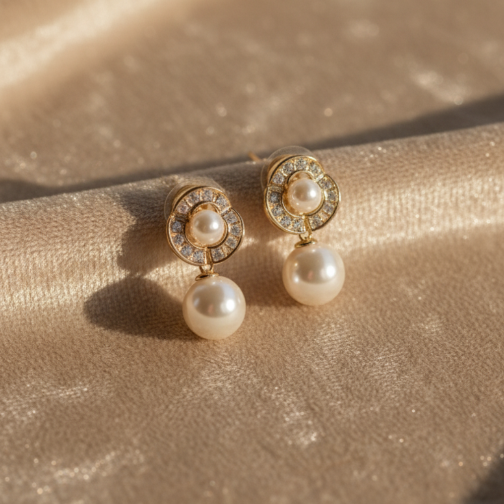 Golden Bloom Pearl Drop Earrings – Elegant Gold-Plated Pearl Jewelry for Women
