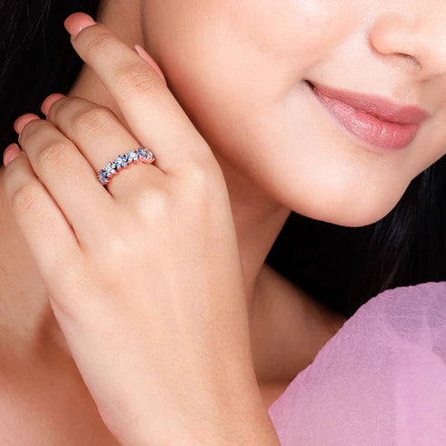 Rose Gold Floral Cluster Ring with Blue and White Stones