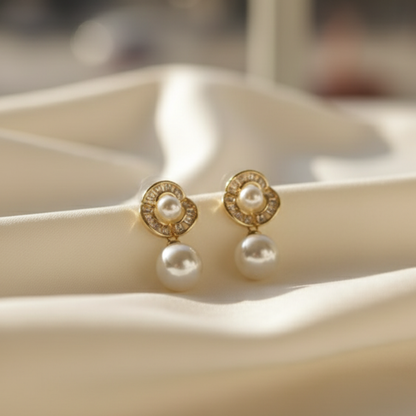 Golden Bloom Pearl Drop Earrings – Elegant Gold-Plated Pearl Jewelry for Women