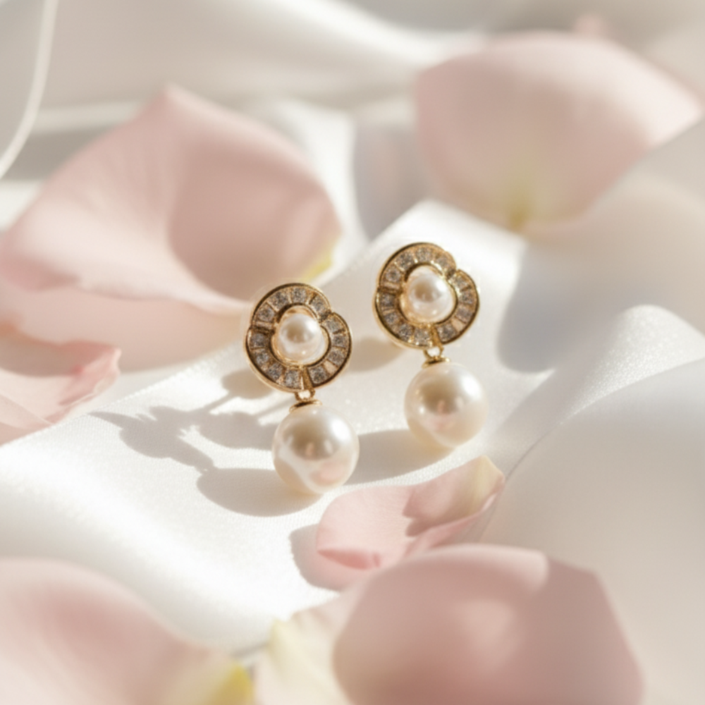 Golden Bloom Pearl Drop Earrings – Elegant Gold-Plated Pearl Jewelry for Women