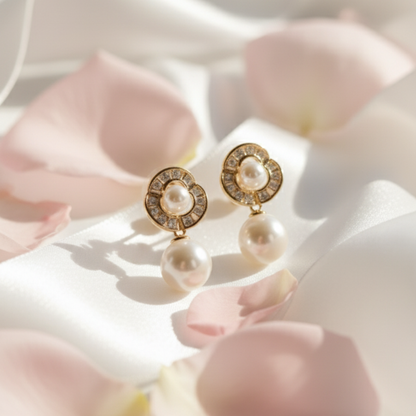 Golden Bloom Pearl Drop Earrings – Elegant Gold-Plated Pearl Jewelry for Women