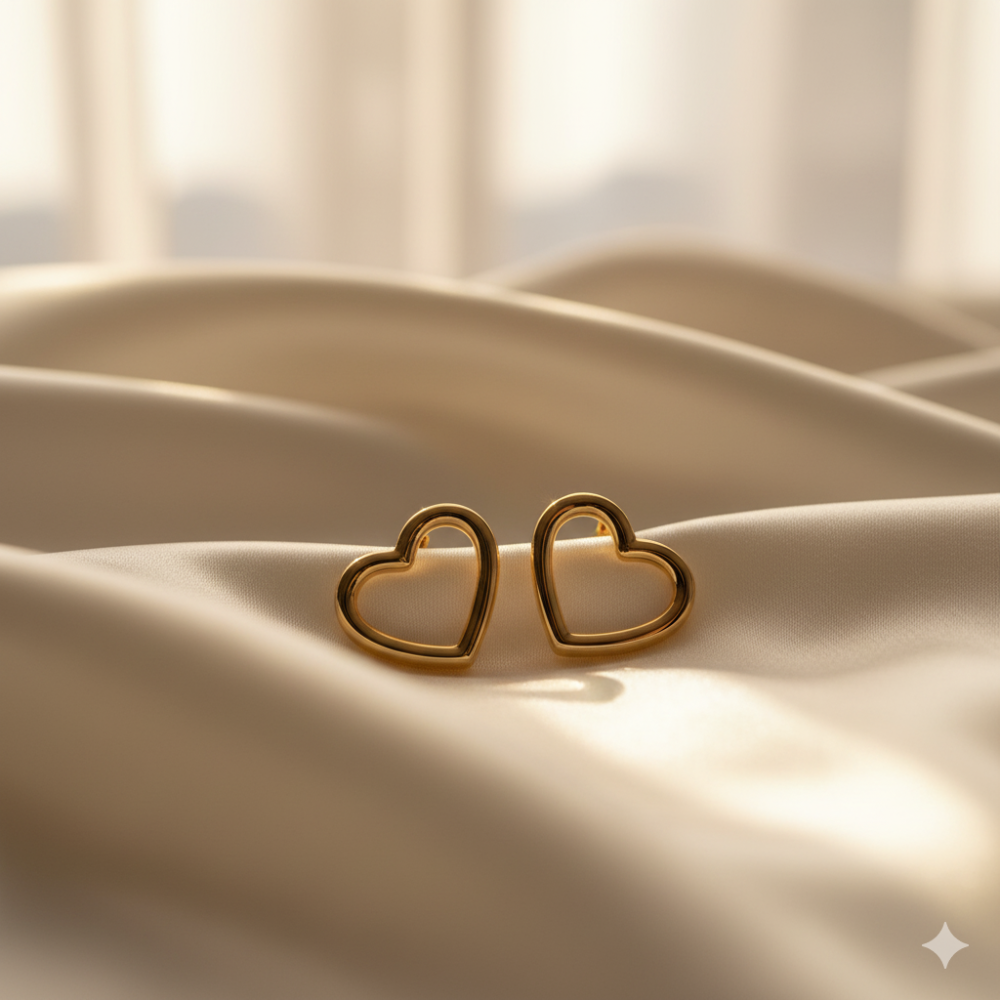 Minimalist gold heart outline earrings on beige background