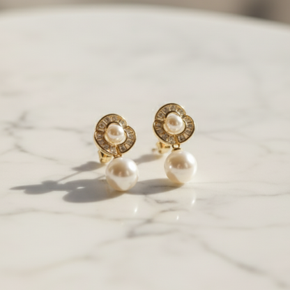 Golden Bloom Pearl Drop Earrings – Elegant Gold-Plated Pearl Jewelry for Women