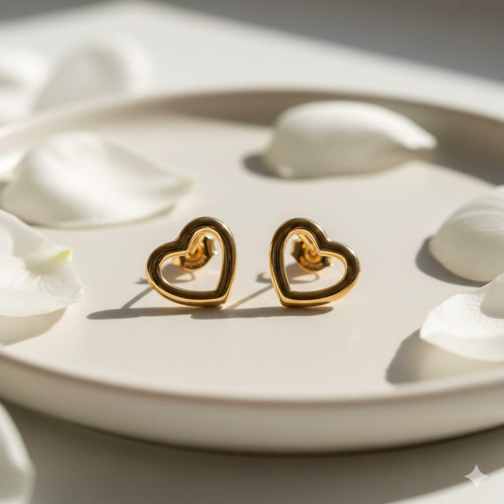 Gold open heart earrings on white satin cloth close-up