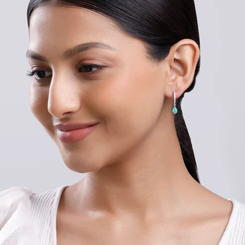 Silver Green Drop Hoop Earrings