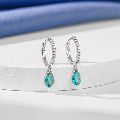 Silver Green Drop Hoop Earrings