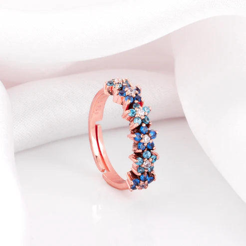 Rose Gold Floral Cluster Ring with Blue and White Stones