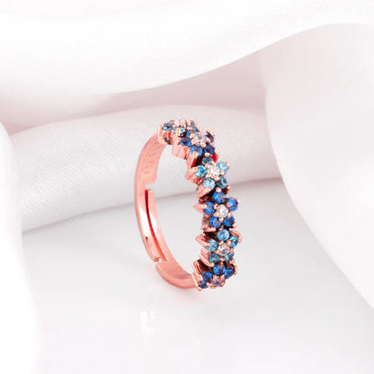 Rose Gold Floral Cluster Ring with Blue and White Stones