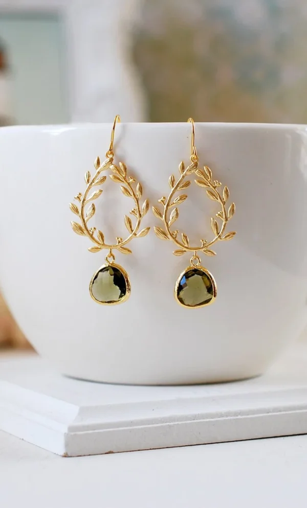 Dark Olive Green Gold Leaf Laurel Wreath Dangle Earrings, Olivine Wedding Jewelry, Gift for Mom wife girlfriend Sister